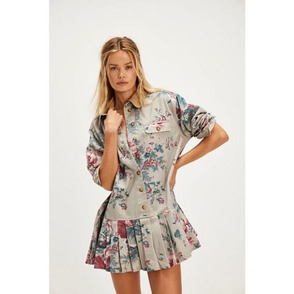 New Free People Connor Printed Mini Dress Pleated Long Sleeve Cotton XS - Picture 3 of 11